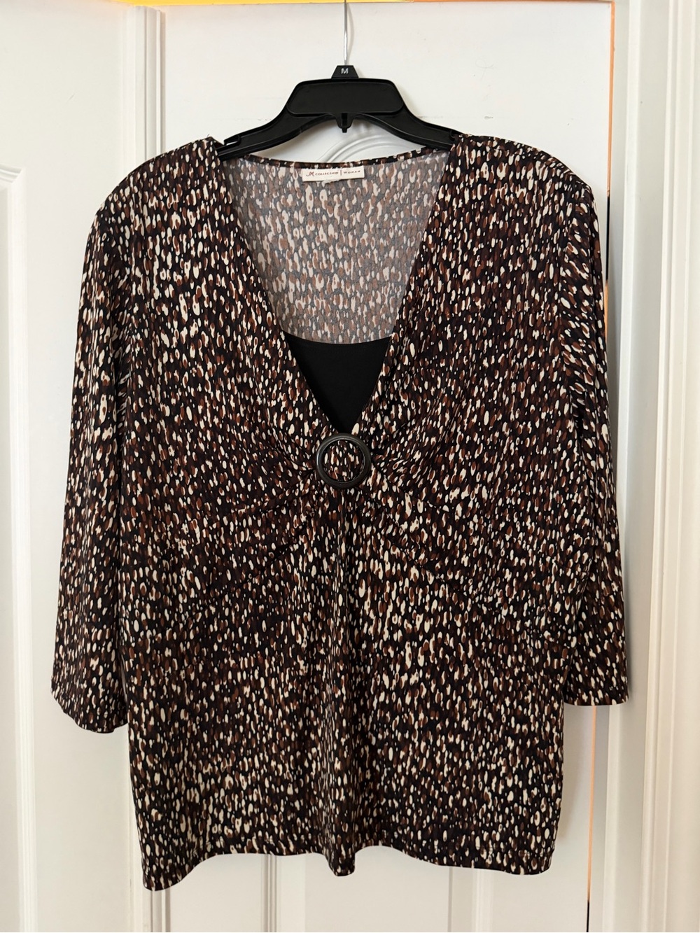 JM Collection Brown and Black Animal-Print V-Neck Tunic with Ring Detail